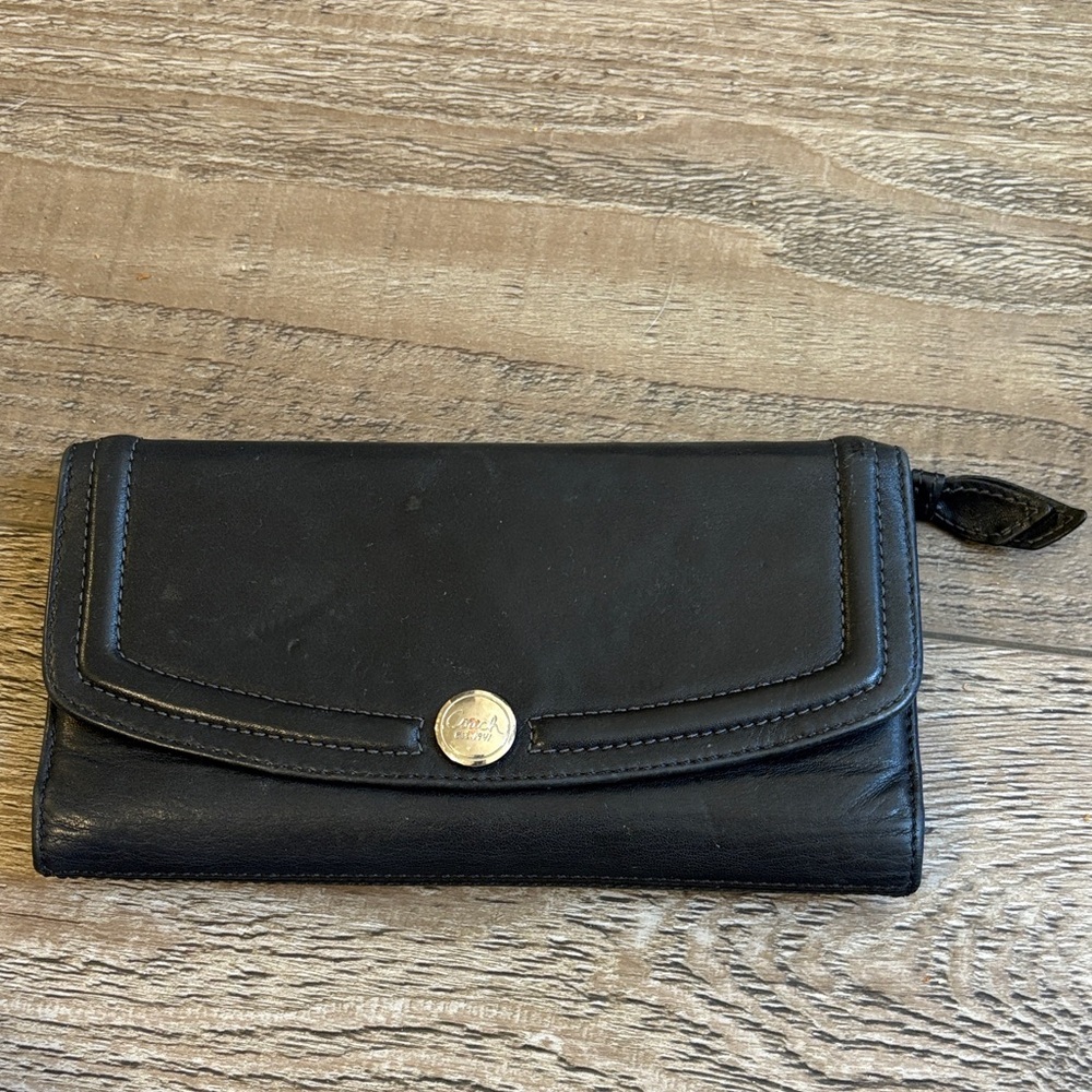 Vintage 90s Coach Classic Black Leather Trifold Wallet w Blue Lining